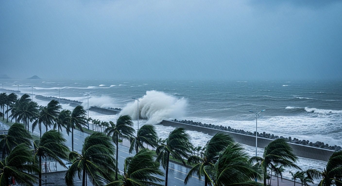 Heavy rain and high winds from Tropical Storm Noul batter the coastal landscape of Guangdong province in southeastern China.