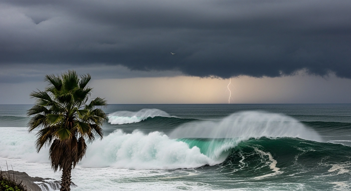 A dramatic wide shot captures colossal, dark green waves crashing violently against a craggy Mexican coastline under a bruised, rain-laden sky, depicting the dangerous surf and heavy rainfall anticipated from Tropical Storm Priscilla in the Pacific Ocean.