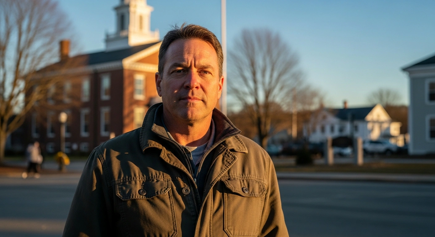 Maine State Senate President Troy Jackson stands in a town square as he prepares to challenge Senator Susan Collins in the upcoming election.