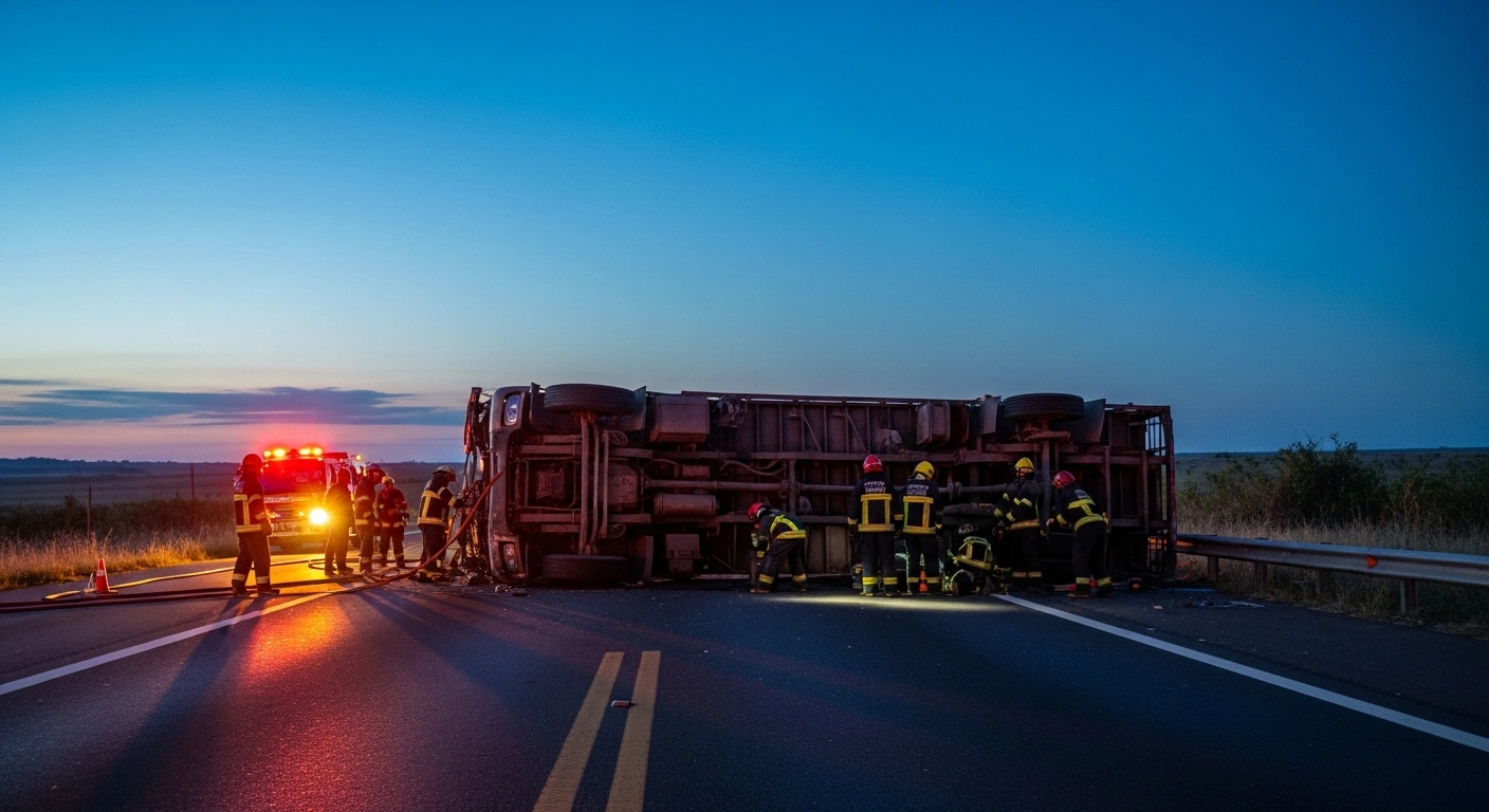 Emergency responders work to rescue a person trapped in an overturned truck on the BR-110 highway in Rio Grande do Norte, Brazil.