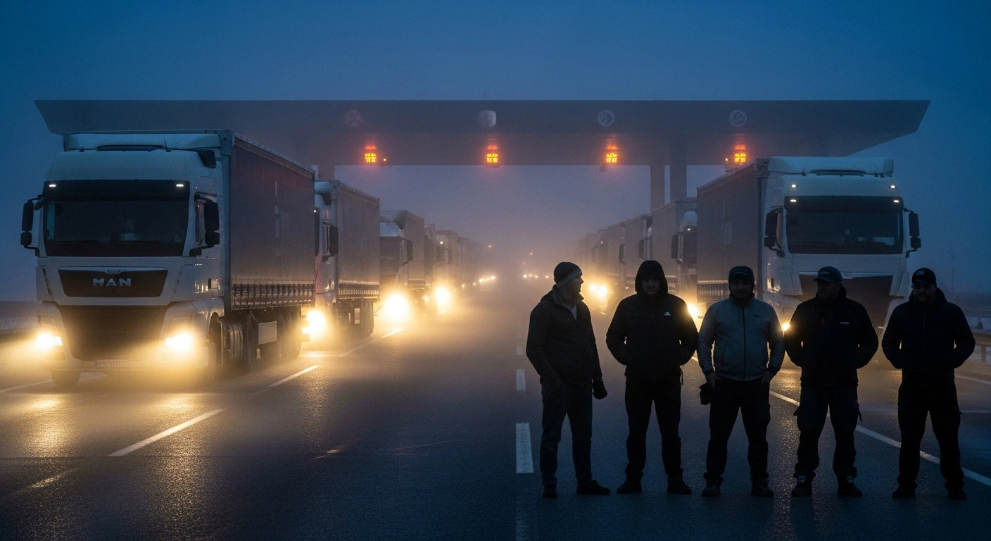 A long line of semi-trucks with their headlights on, blocking a freight border crossing at dawn, with a small group of truck drivers standing in the foreground, protesting the EU's Entry/Exit System and 90-day stay rule.