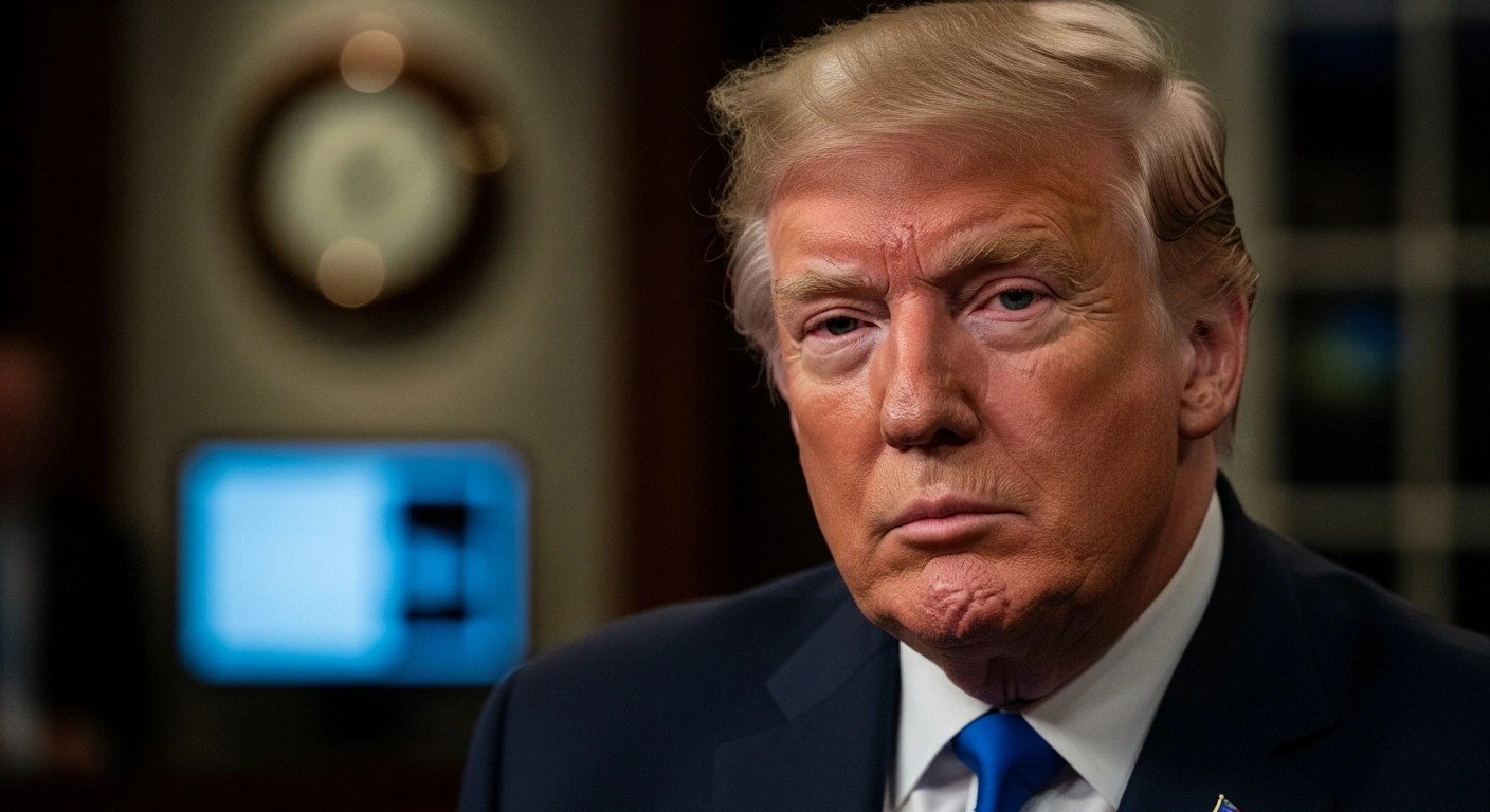 A medium close-up of President Donald Trump with a serious and contemplative expression, seated in a professional studio setting, during an interview on '60 Minutes' where he discussed pressing national and international issues.
