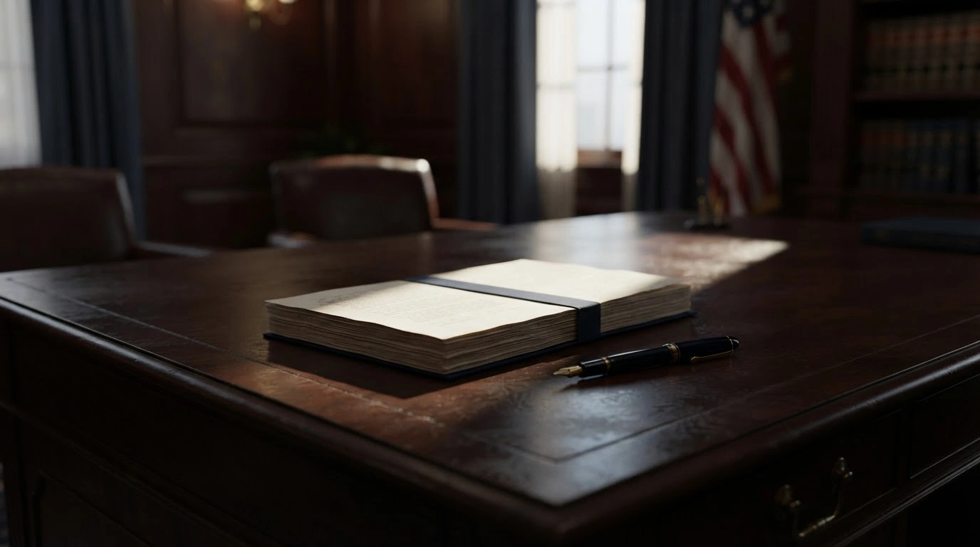 A stack of official legal documents sits on a mahogany desk in a government office, representing the Trump administration's decision regarding federal firearm restrictions.