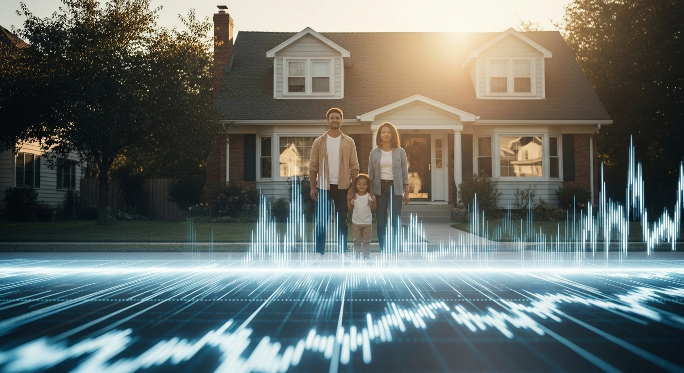 A young family stands in front of a suburban home, symbolizing homeownership and housing affordability, with a subtle, glowing digital waveform and a holographic silhouette representing an AI-generated voice and financial policies such as directing Fannie Mae and Freddie Mac to purchase mortgage bonds and banning institutional investors from buying single-family homes.