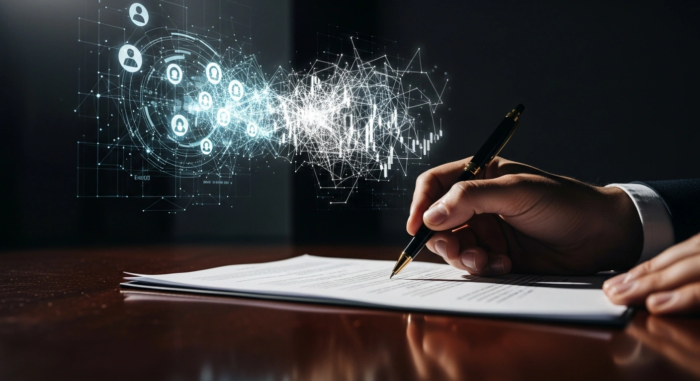 A powerful figure's hand signs an executive order on a mahogany desk, with a holographic projection in the background depicting a unified digital network attempting to absorb fragmented glowing lines, symbolizing President Donald Trump's action to establish a national framework for AI governance and curb state-level artificial intelligence regulations.