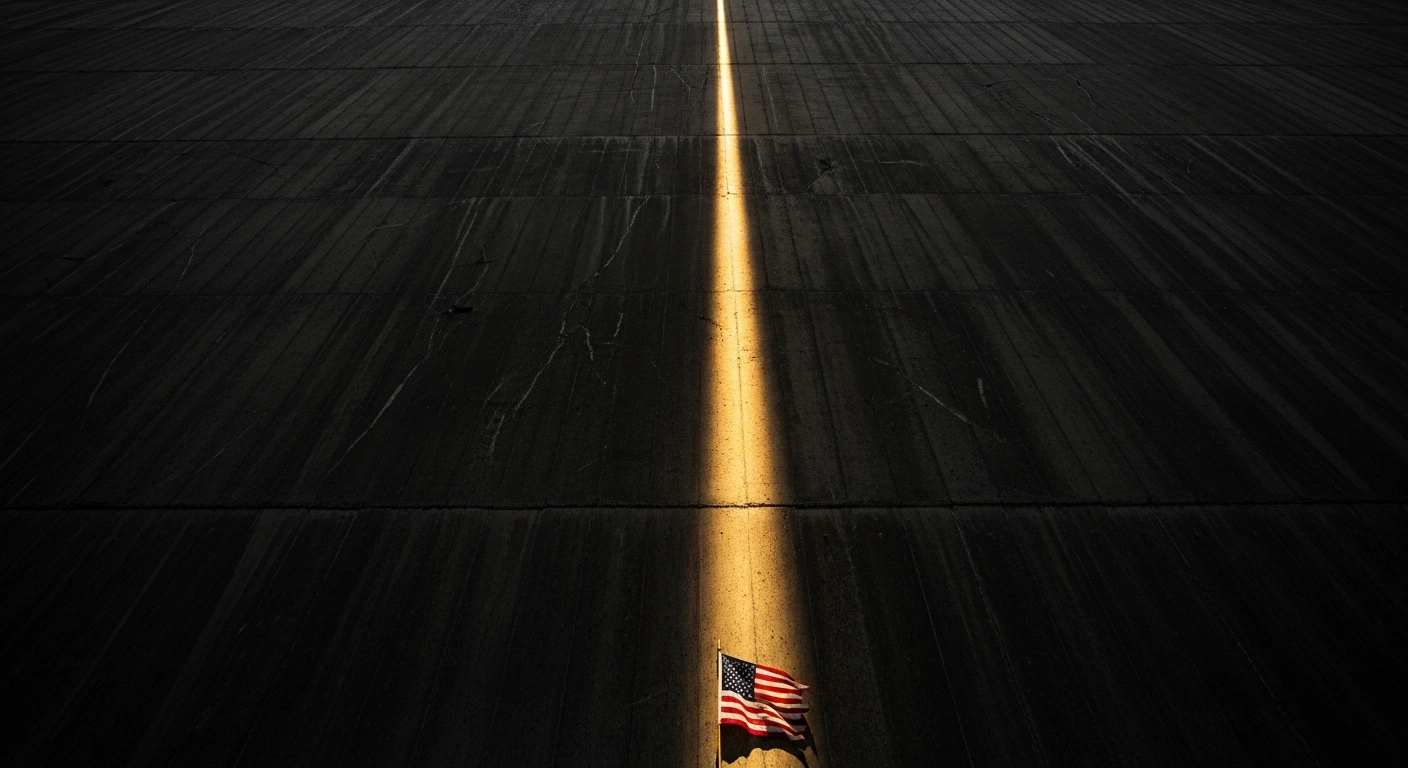 A photorealistic, low-angle image shows a colossal, weathered concrete wall, symbolizing the devastation of communism, with a single beam of golden light illuminating a resilient American flag at its base, representing the reaffirmation of American values of liberty and individual rights during Anti-Communism Week, as proclaimed by President Donald J. Trump.