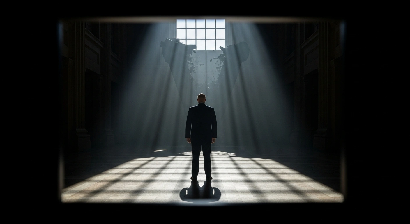 A solitary, silhouetted figure stands with their back to the viewer in a vast, dimly lit hall, gazing at a symbolically fractured structure, illustrating the reported drop in President Donald Trump's approval rating to 37% and a 63% disapproval rate, according to a recent CNN/SSRS survey.