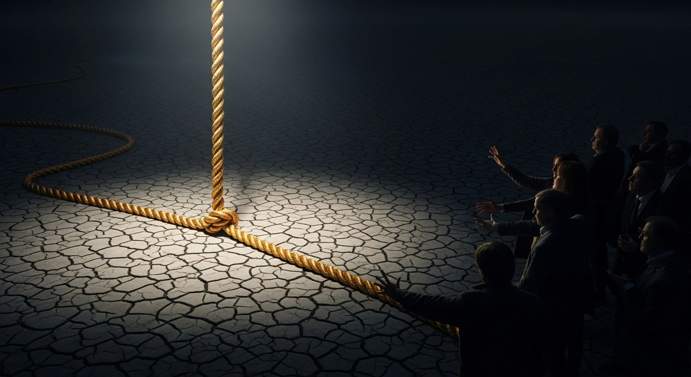 A vast, parched landscape with a colossal, stylized golden rope descending into cracked earth, symbolizing the Trump administration's $20 billion financial lifeline to Argentina, while figures in the background express both hope and disapproval, reflecting the controversy among 'America First' supporters.