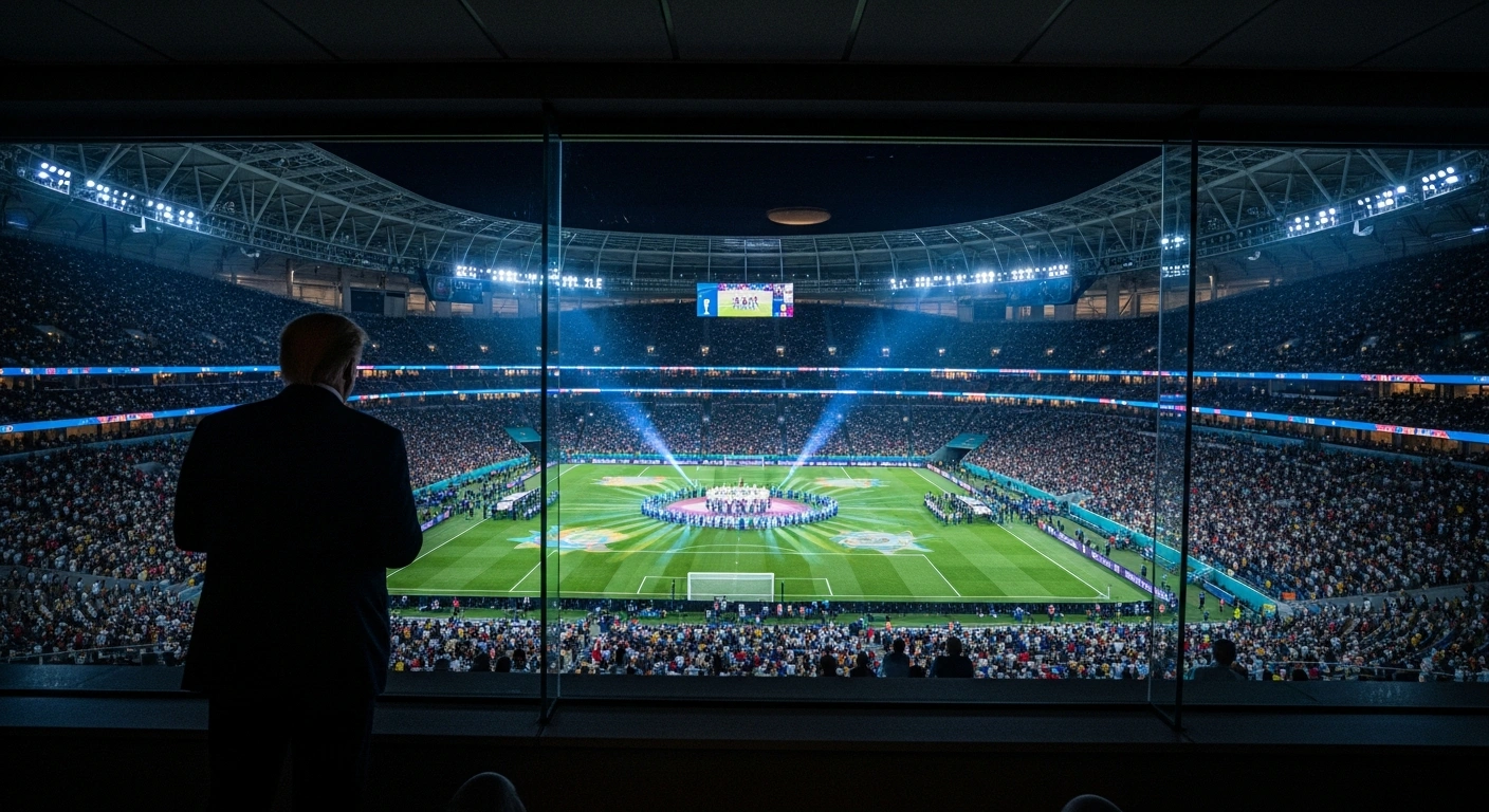 President Donald Trump watches the 2026 FIFA World Cup final halftime show from a luxury suite in a crowded American stadium.
