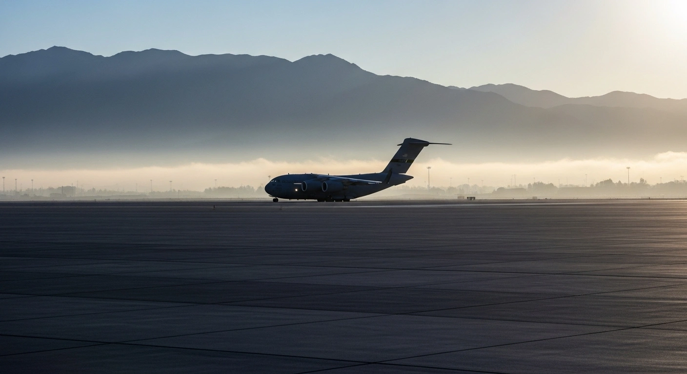 A C-17 Globemaster III military transport aircraft is silhouetted on the runway of Bagram Airbase in Afghanistan at dawn, symbolizing the potential reestablishment of a U.S. military presence to counter China's influence.