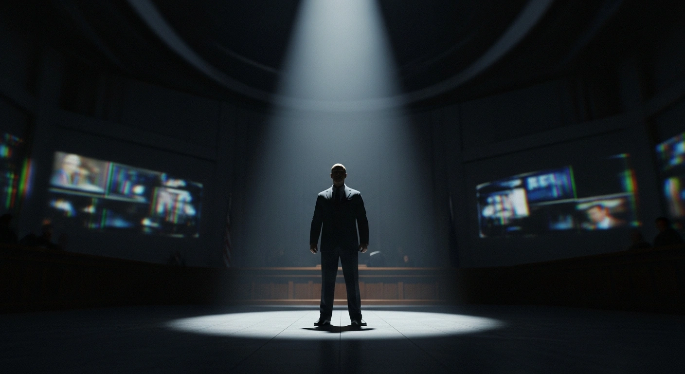A powerful, silhouetted figure, representing Donald Trump, stands under a single, intense spotlight in a vast, dimly lit hall, casting long shadows towards a blurred background where fragmented news footage flickers, symbolizing his threat to sue the BBC over a documentary about his January 6th speech.