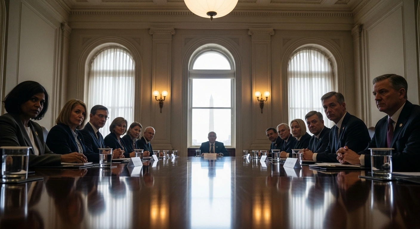 A wide, low-angle shot depicts President Donald Trump's newly established Board of Peace holding its first high-level meeting in a grand, ornate conference room in Washington D.C., with distinguished individuals seated around a polished mahogany table, discussing the Gaza ceasefire and the future of Palestinian territories.