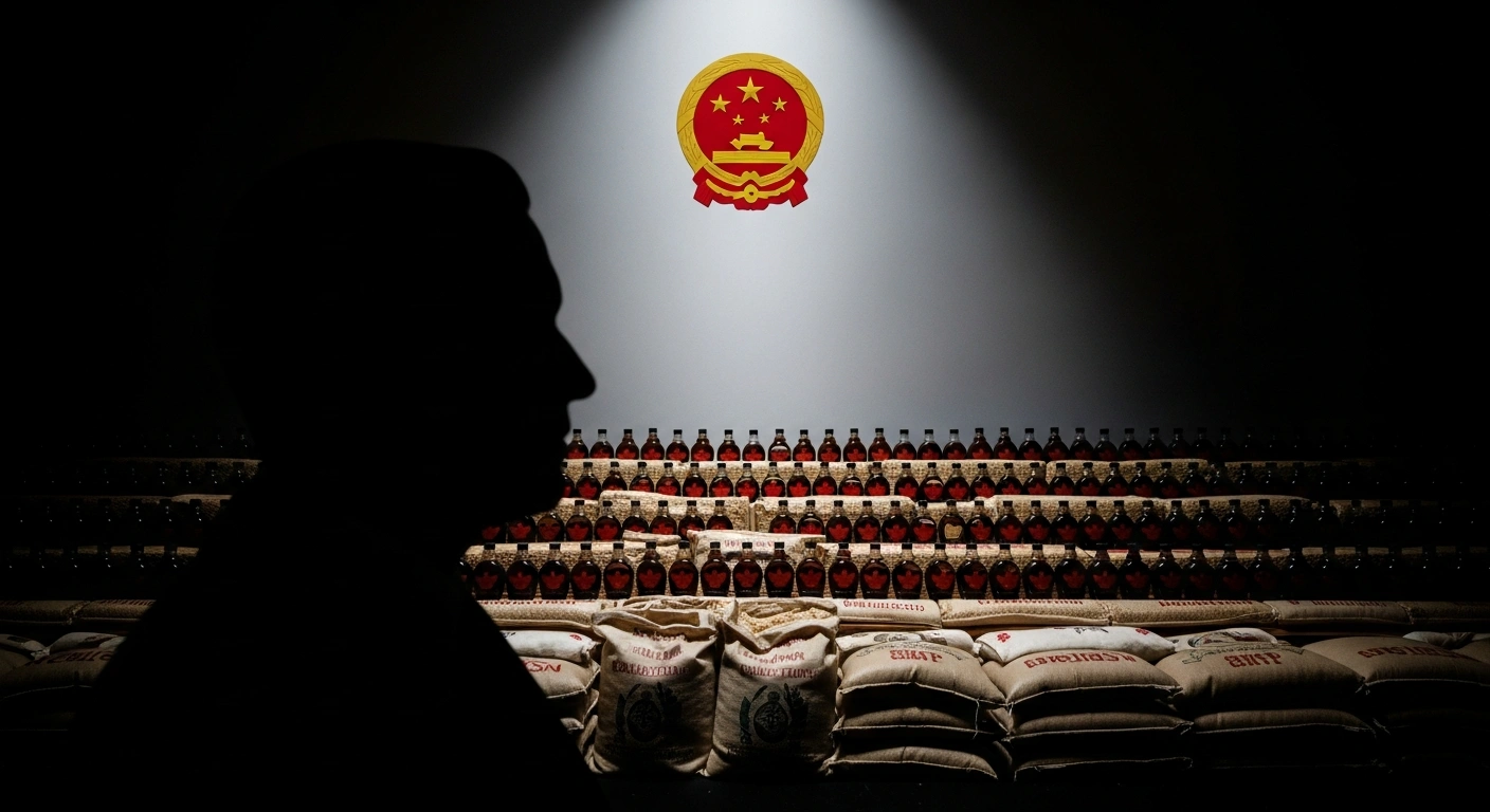 A dramatic, low-angle shot features a silhouetted figure, representing former U.S. President Donald Trump, casting a long shadow over Canadian maple syrup bottles and sacks of grain, which symbolize Canadian goods, with a subtle, glowing red symbol in the background hinting at China's trade deal.