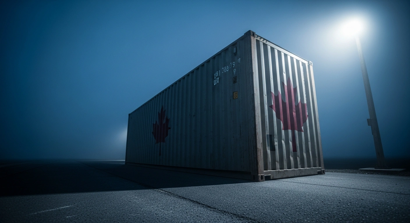 A large shipping container sits at a desolate border crossing representing the new fifty percent tariff on Canadian imports announced by the Trump administration.