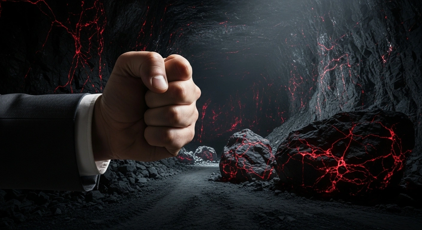 A powerful male hand in a suit clenches a fist against a backdrop of a dimly lit industrial facility with glowing rare earth minerals, symbolizing US President Donald Trump's strong reaction to China's rare earth export restrictions and the threat of massive tariffs.