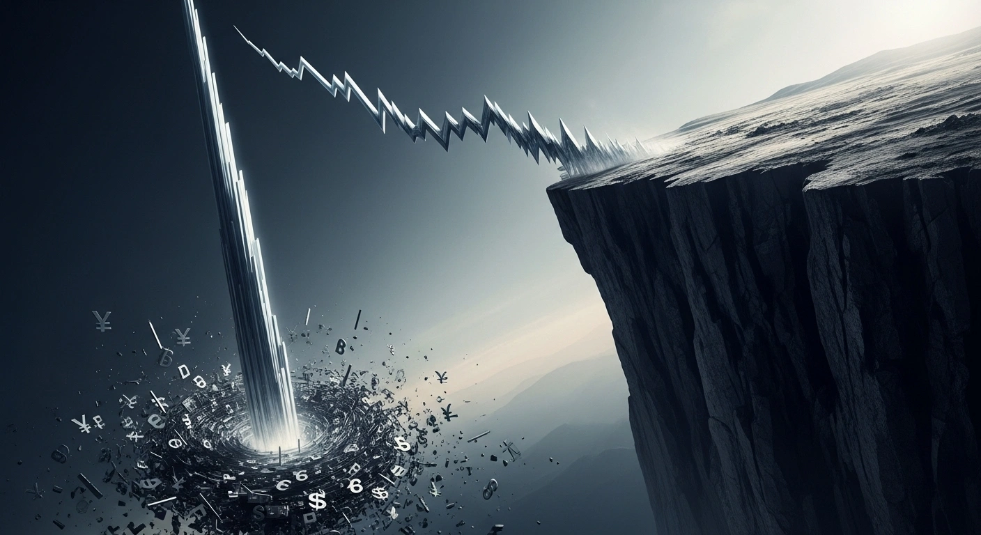 A dramatic visual metaphor shows a towering, metallic graph line representing global markets sharply plummeting off a dark cliff into a swirling abyss, symbolizing the significant escalation of the U.S.-China trade war and the impact of President Donald Trump's declared 100% tariff on Chinese imports.