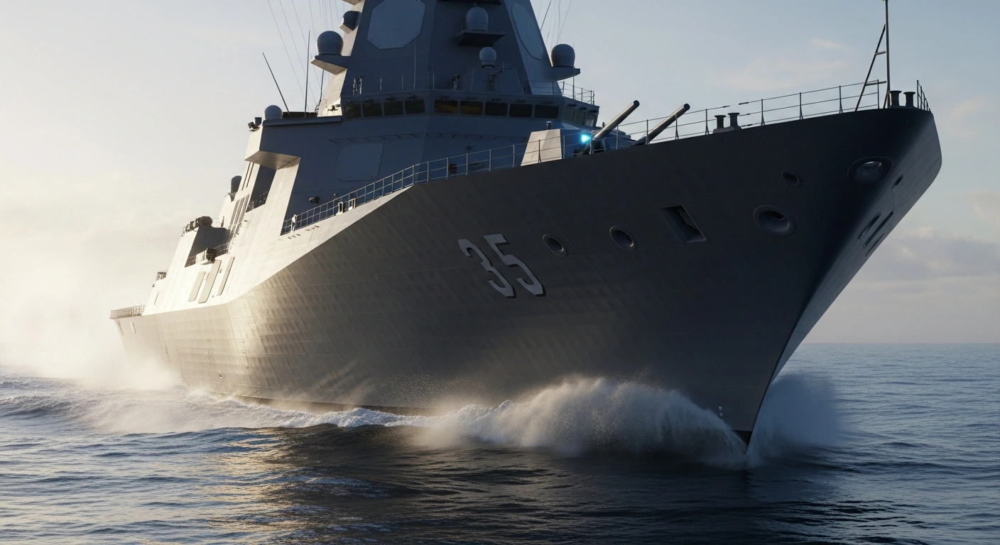 A colossal, dark grey U.S. Navy 'Trump Class' battleship, featuring advanced weaponry, slices through a steel-blue ocean at dawn, its angular superstructure reflecting the morning light.