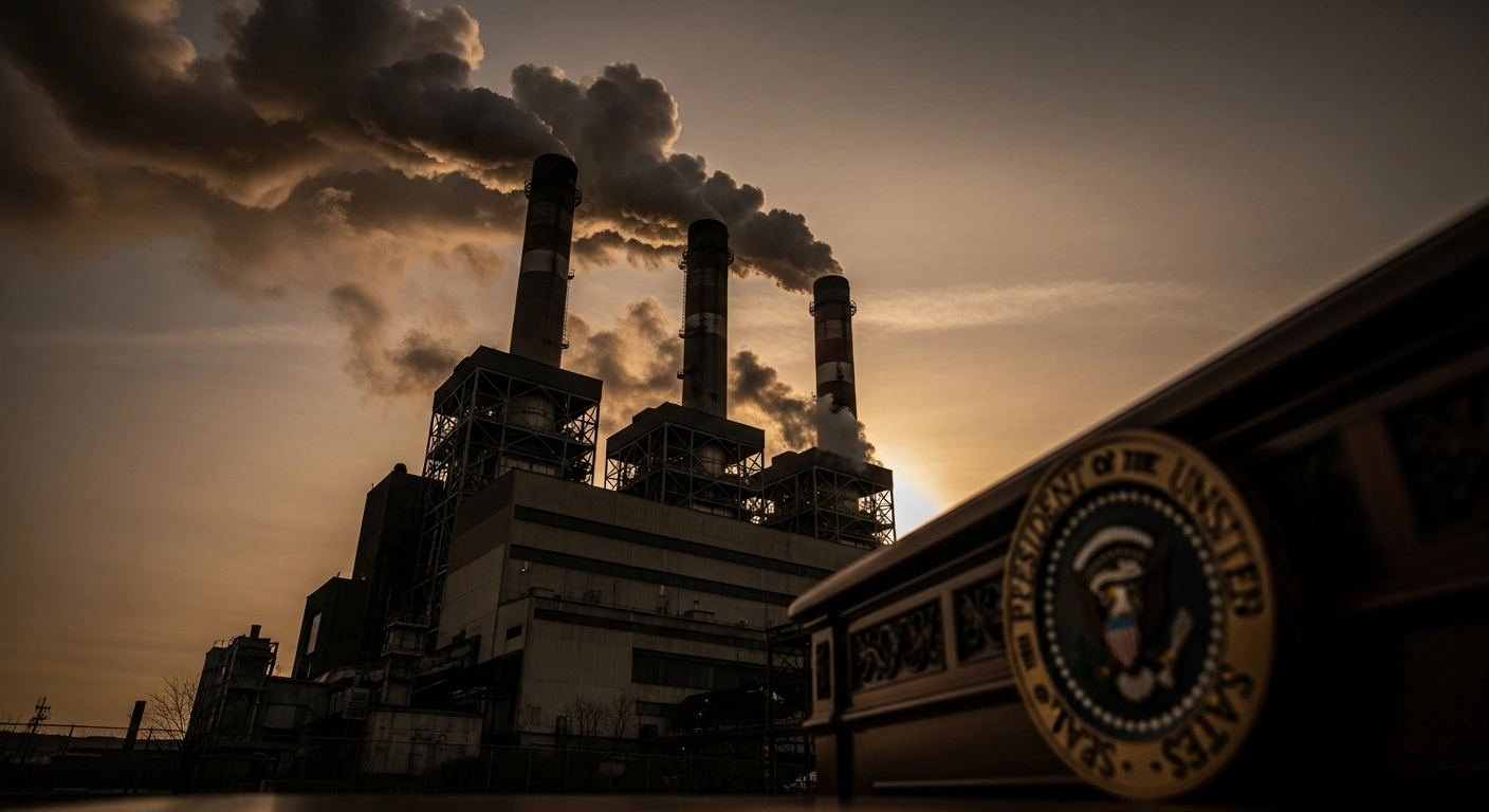 A low-angle, wide shot depicts a large, silhouetted coal-fired power plant with dark smoke billowing from its stacks against a twilight sky, with a presidential seal visible on a desk in the foreground, symbolizing President Donald Trump's executive order to bolster the fossil fuel industry with a $175 million investment in coal plants.