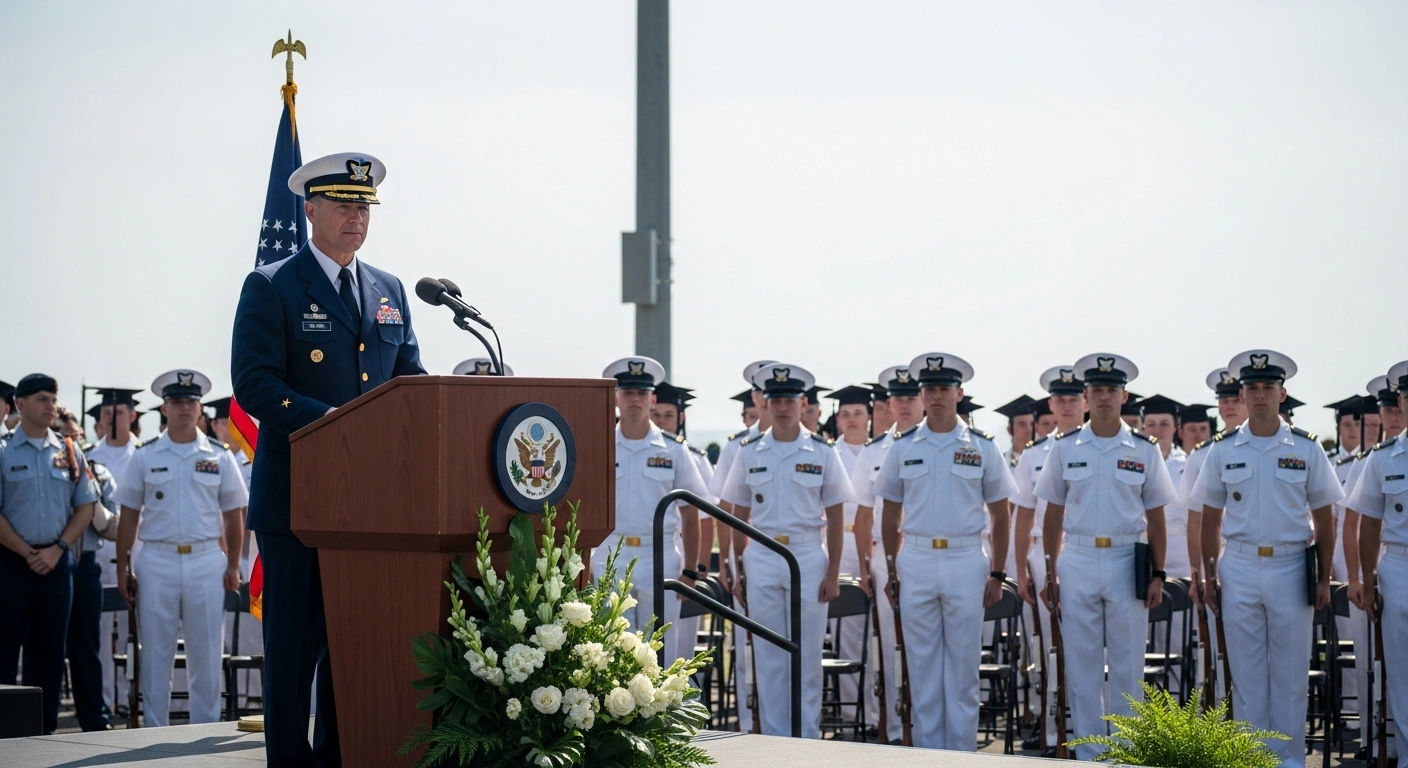 President Donald Trump speaks at a podium during the U.S. Coast Guard Academy commencement ceremony in front of graduating cadets.