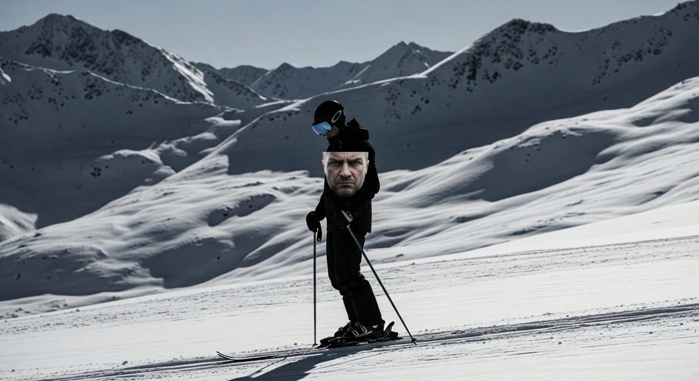 A lone Team USA freestyle skier, Hunter Hess, stands contemplatively on a snow-covered mountain, his ski goggles reflecting a stern, older male face, symbolizing the public criticism from former President Donald Trump regarding his mixed emotions about representing the United States at the Olympics.
