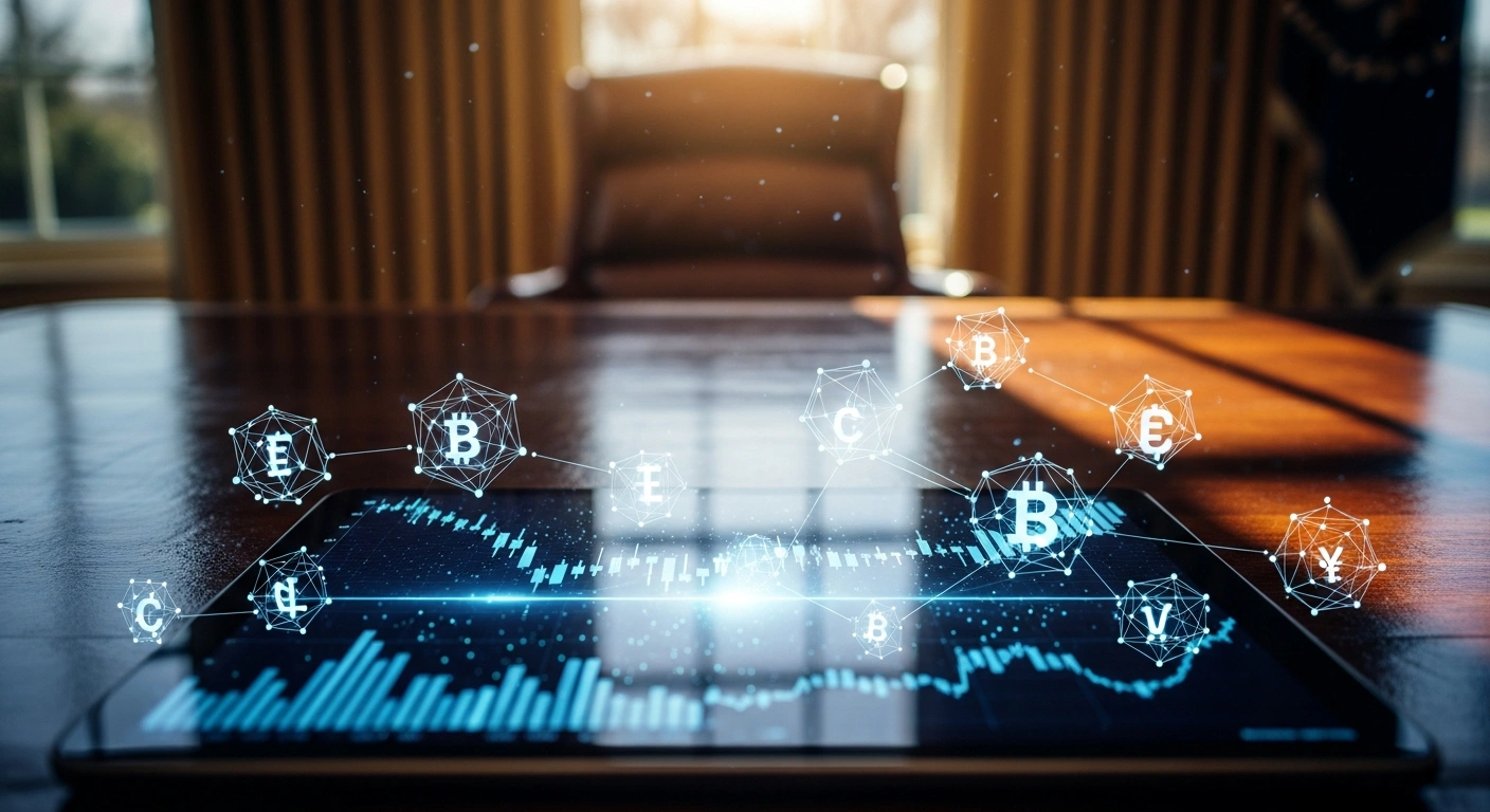 A close-up view of a digital tablet showing cryptocurrency charts on a desk in the Oval Office, representing President Donald Trump's financial interests in digital assets.