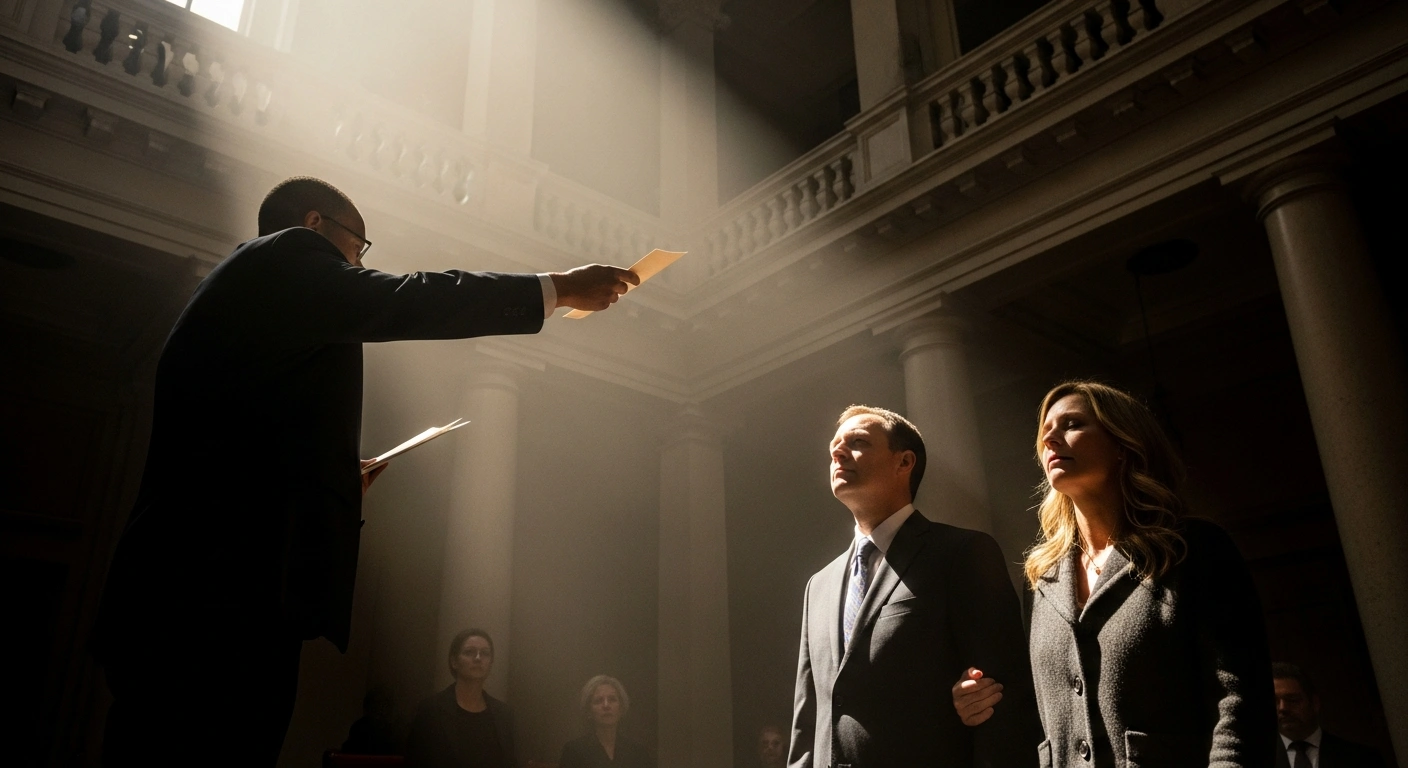 A dramatic low-angle shot shows a powerful, silhouetted figure extending a document, casting a beam of light onto a man and woman in the foreground whose faces show relief, symbolizing President Donald Trump's pardon of Henry Cuellar and Imelda Cuellar, ending their federal bribery, money laundering, and conspiracy case.