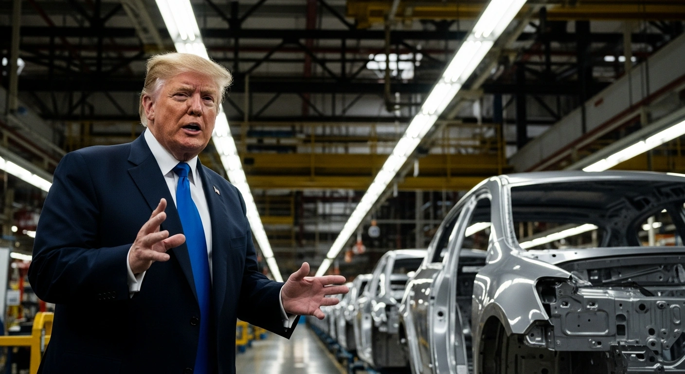 U.S. President Donald Trump stands authoritatively in the Ford River Rouge complex, gesturing emphatically amidst partially assembled car bodies, symbolizing his declaration about CUSMA and Canadian-made vehicles.
