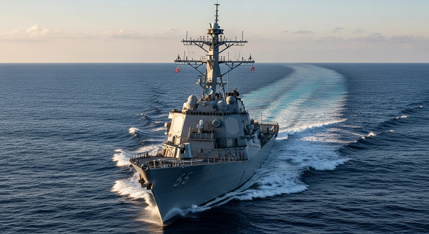 A modern U.S. naval destroyer, symbolizing the Trump administration's 2026 National Defense Strategy emphasizing homeland defense and deterring China through 'peace through strength,' cuts through calm waters at dawn in the Indo-Pacific.