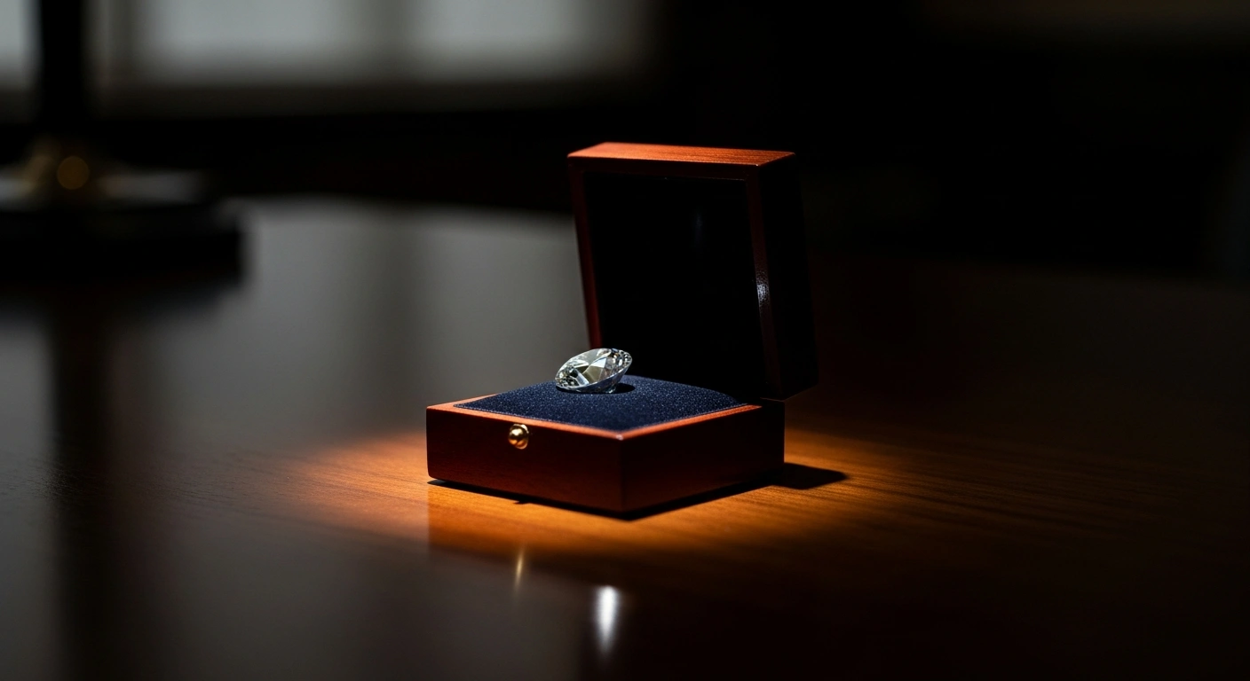 A sparkling diamond sits inside a velvet-lined box on a desk, representing the subject of a congressional investigation into foreign gifts received by former President Donald Trump.