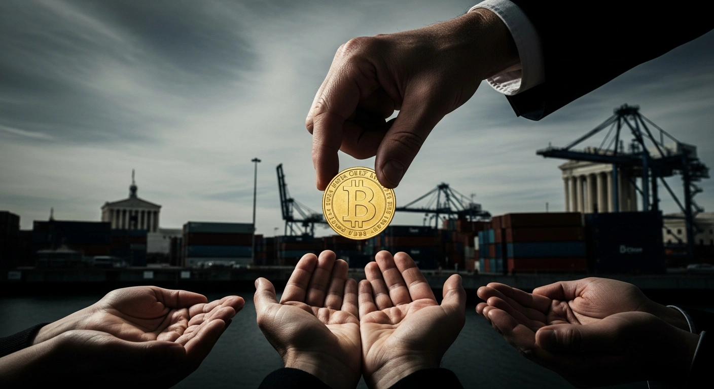 A large hand drops a gold coin into the cupped hands of several people, set against a backdrop of shipping containers and a distant classical building, symbolizing Donald Trump's proposed $2,000 dividend funded by tariff revenues amidst a Supreme Court challenge.