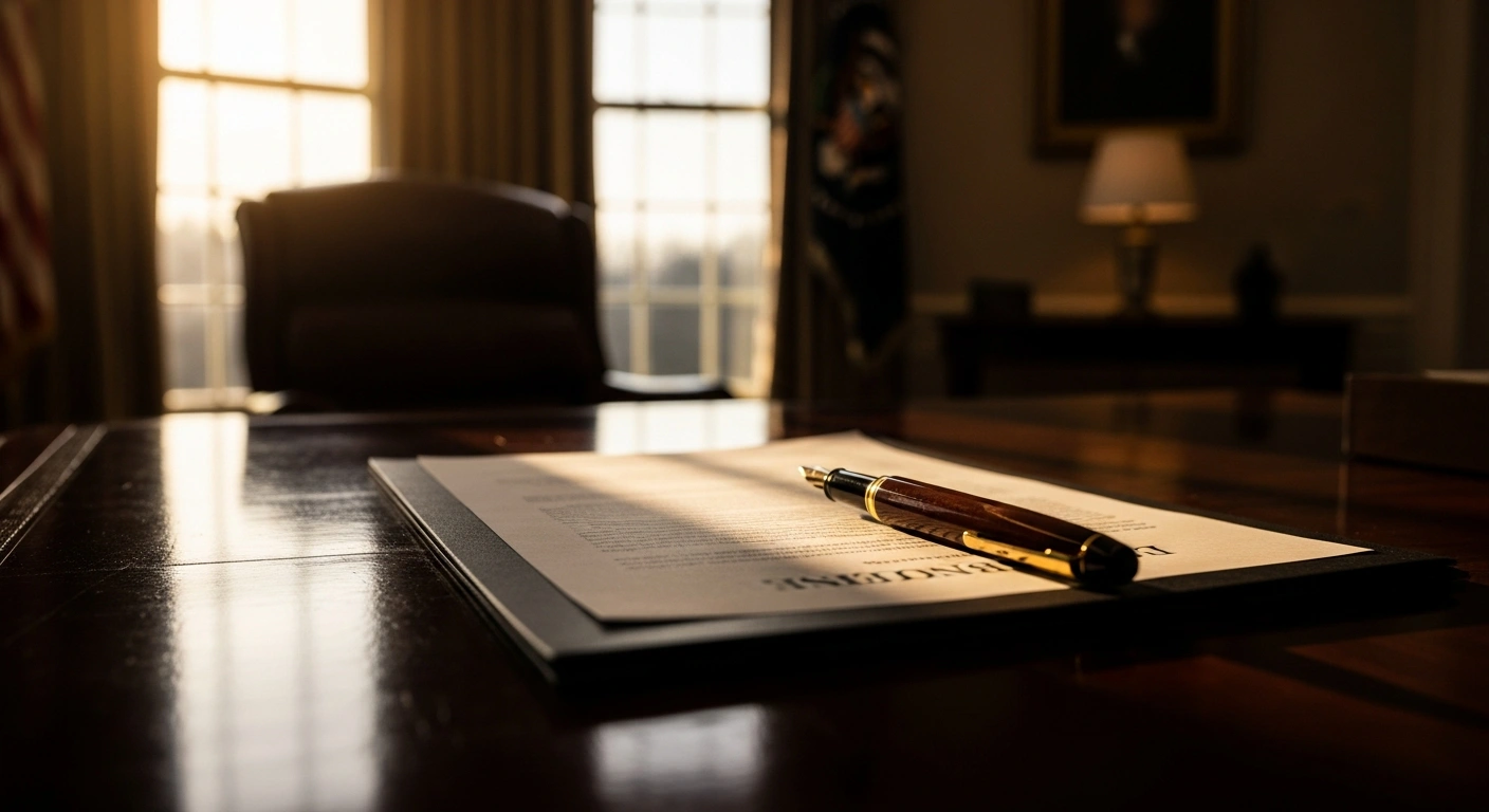 A fountain pen lies on top of official government documents on a desk in the Oval Office, representing the signing of an executive order regarding voter registration and mail-in ballot requirements.