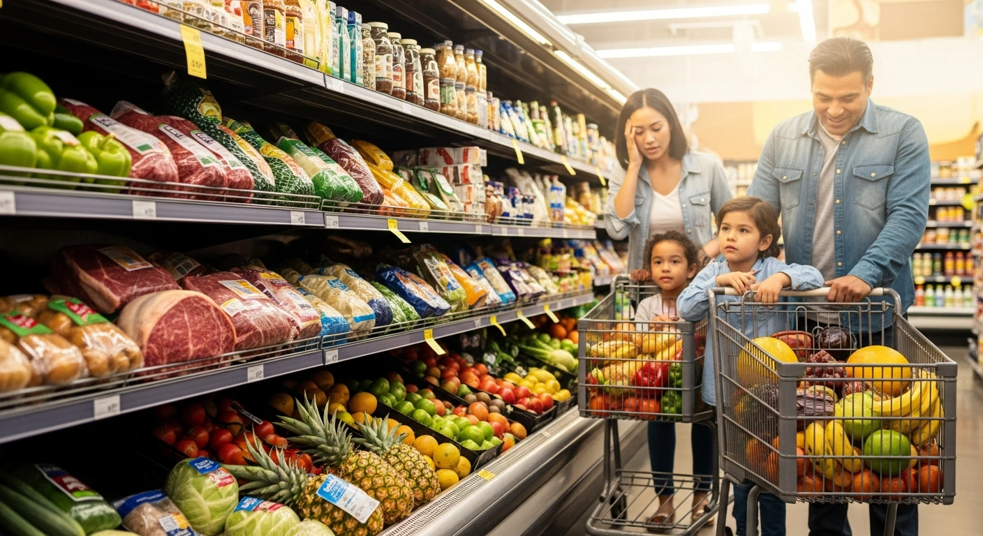 A brightly lit grocery store aisle features abundant displays of fresh produce, cuts of beef, and tropical fruits, with a diverse family shopping, symbolizing the impact of tariff rollbacks on food prices.