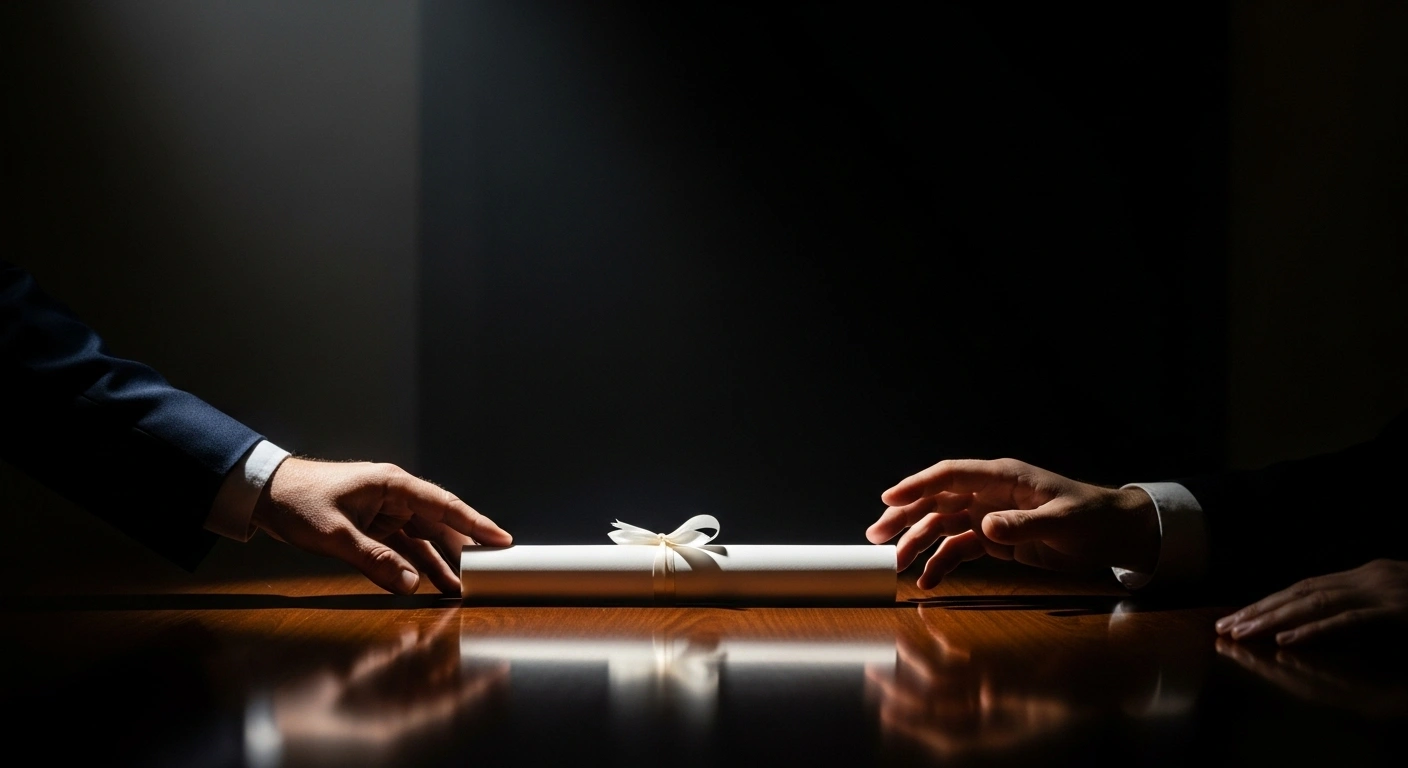 A close-up shot shows a hand in a suit cuff pushing a rolled parchment towards a weathered hand reaching out tentatively, illuminated by a single beam of light on a dark wooden table, symbolizing President Donald Trump's Gaza peace plan and the Palestinian Authority's response, with an ominous shadow in the background representing Hamas's deadline.