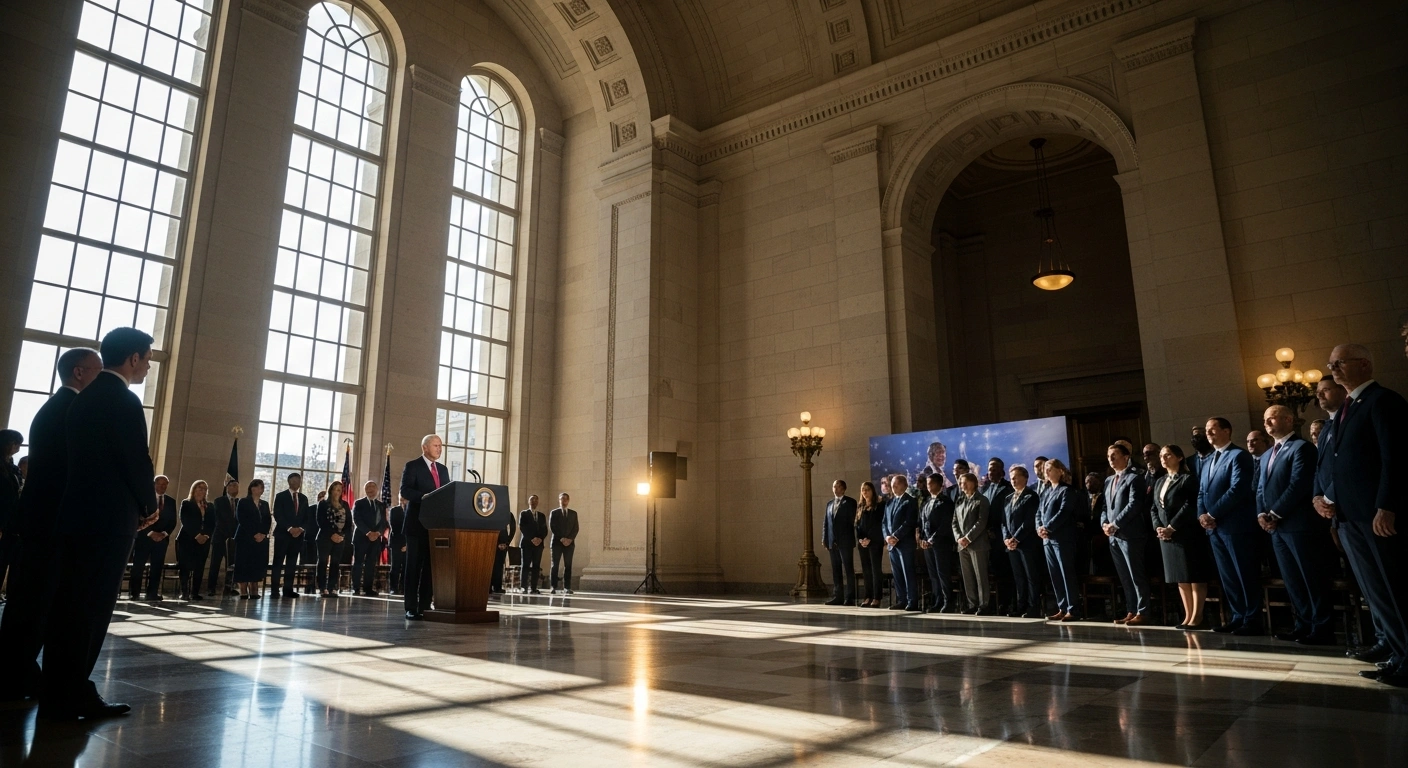 A wide, low-angle shot depicts a prominent figure at a podium in a grand, sunlit hall in Washington D.C., where an announcement regarding over $5 billion in pledges for Gaza's reconstruction and an international stabilization force is taking place, with international delegates visible in the background.