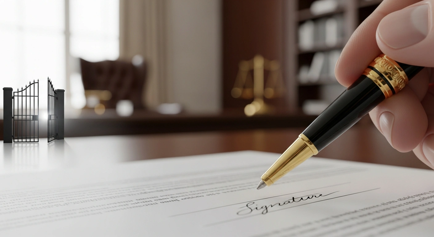 A close-up of an ornate pen held over a legal document in a luxurious office, with a slightly ajar iron gate in the blurred background, symbolizing President Donald Trump's commutation of David Gentile's seven-year prison sentence for a $1.6 billion fraud scheme after Gentile served less than two weeks.