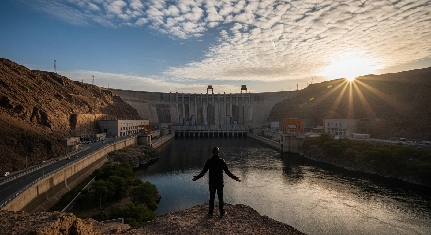 A wide, low-angle shot at dawn shows the Grand Ethiopian Renaissance Dam dominating the midground, with the Nile River flowing below, and a solitary, silhouetted figure on a rocky overlook in the foreground, symbolizing mediation in the water-sharing dispute involving Egypt, Sudan, and Ethiopia.