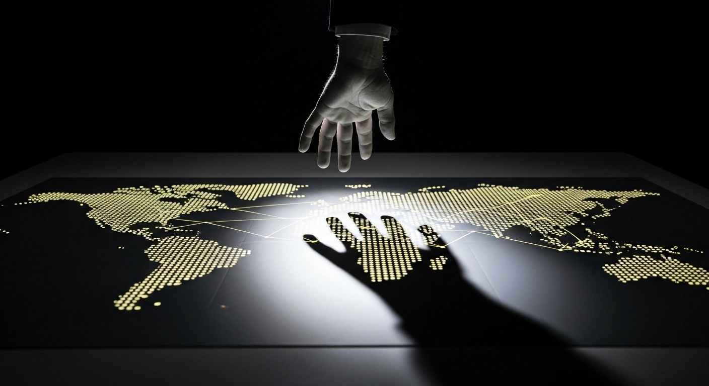 A large, powerful hand casts a long shadow over a global trade map, symbolizing President Donald Trump's enactment of a new 15% global tariff on imports under Section 122 of the Trade Act of 1974, following a Supreme Court decision and citing U.S. balance-of-payments deficits.