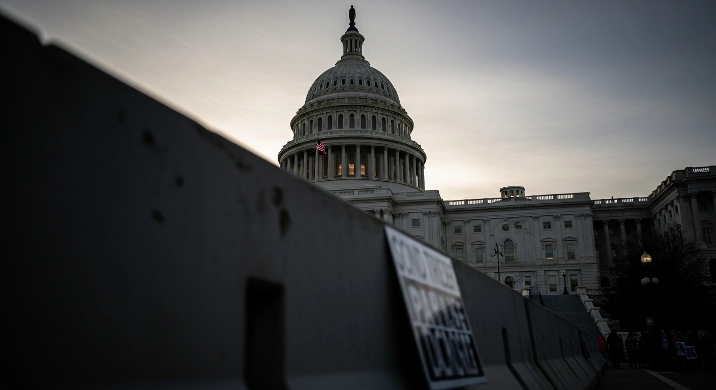 A low-angle shot of a dimly lit federal building at pre-dawn, with many dark windows, symbolizing an imminent government shutdown under President Trump's administration due to an impasse over border wall funding, with a blurred, unfinished concrete barrier and protest sign in the foreground.