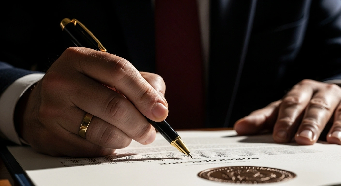 A close-up shot shows a hand, presumably President Donald Trump's, firmly holding a golden pen over an official document, symbolizing the signing of the $100,000 annual fee for H-1B visas, impacting Indian professionals and the tech industry.