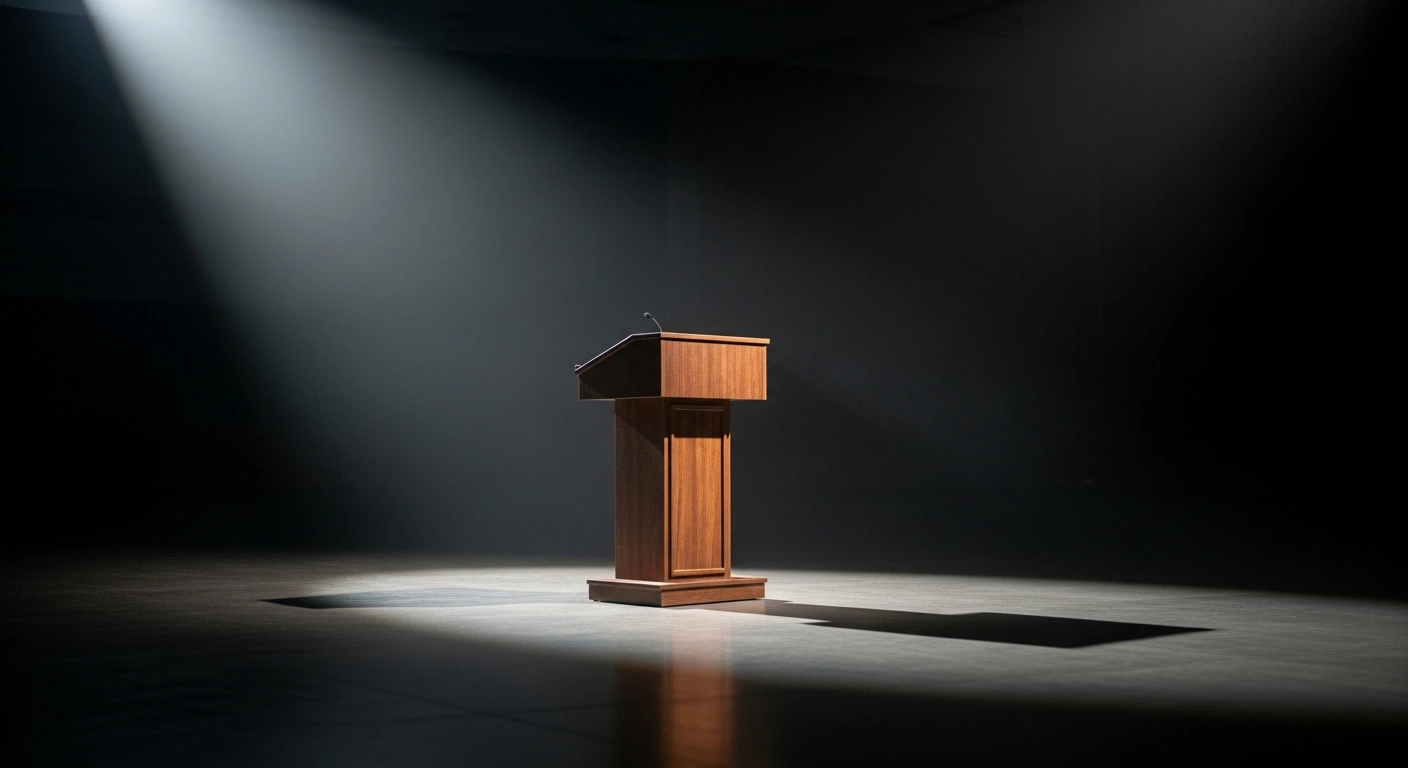 A solitary podium sits in a dark, empty room representing the uncertainty surrounding President Donald Trump's unverified claim regarding a Hamas disarmament agreement.