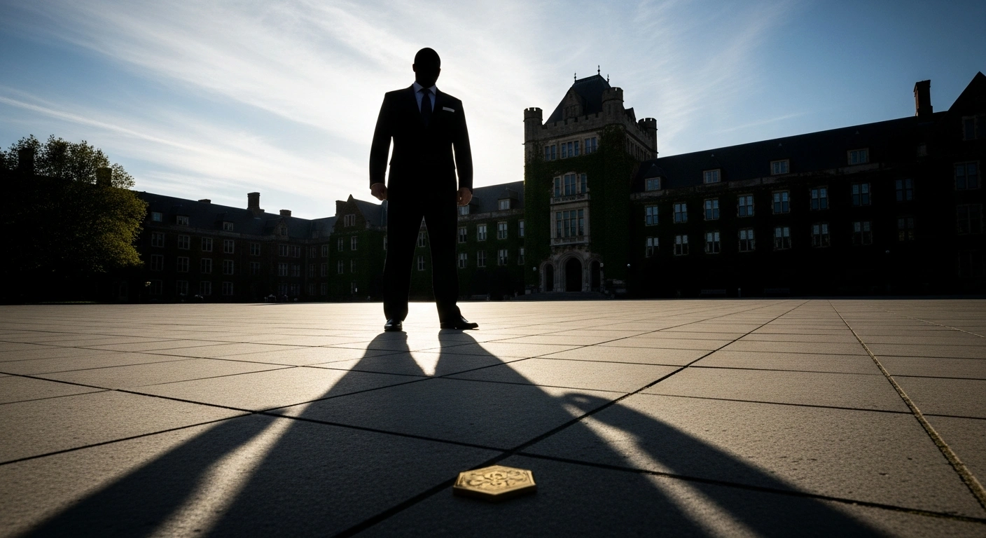 A powerful figure casts a long shadow over a historic university building, symbolizing President Donald Trump's administration demanding $1 billion in damages from Harvard University amidst an antisemitism dispute.
