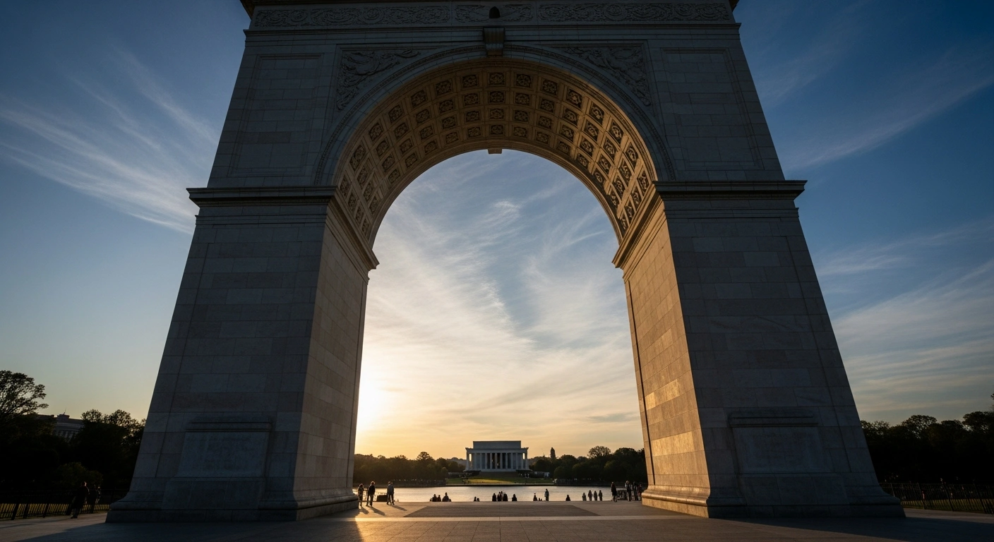 A towering, 250-foot Independence Arch stands prominently near the Potomac River in Washington D.C., dwarfing the Lincoln Memorial, with the distant Arlington National Cemetery visible, representing former President Donald Trump's proposed monument for America's 250th anniversary.