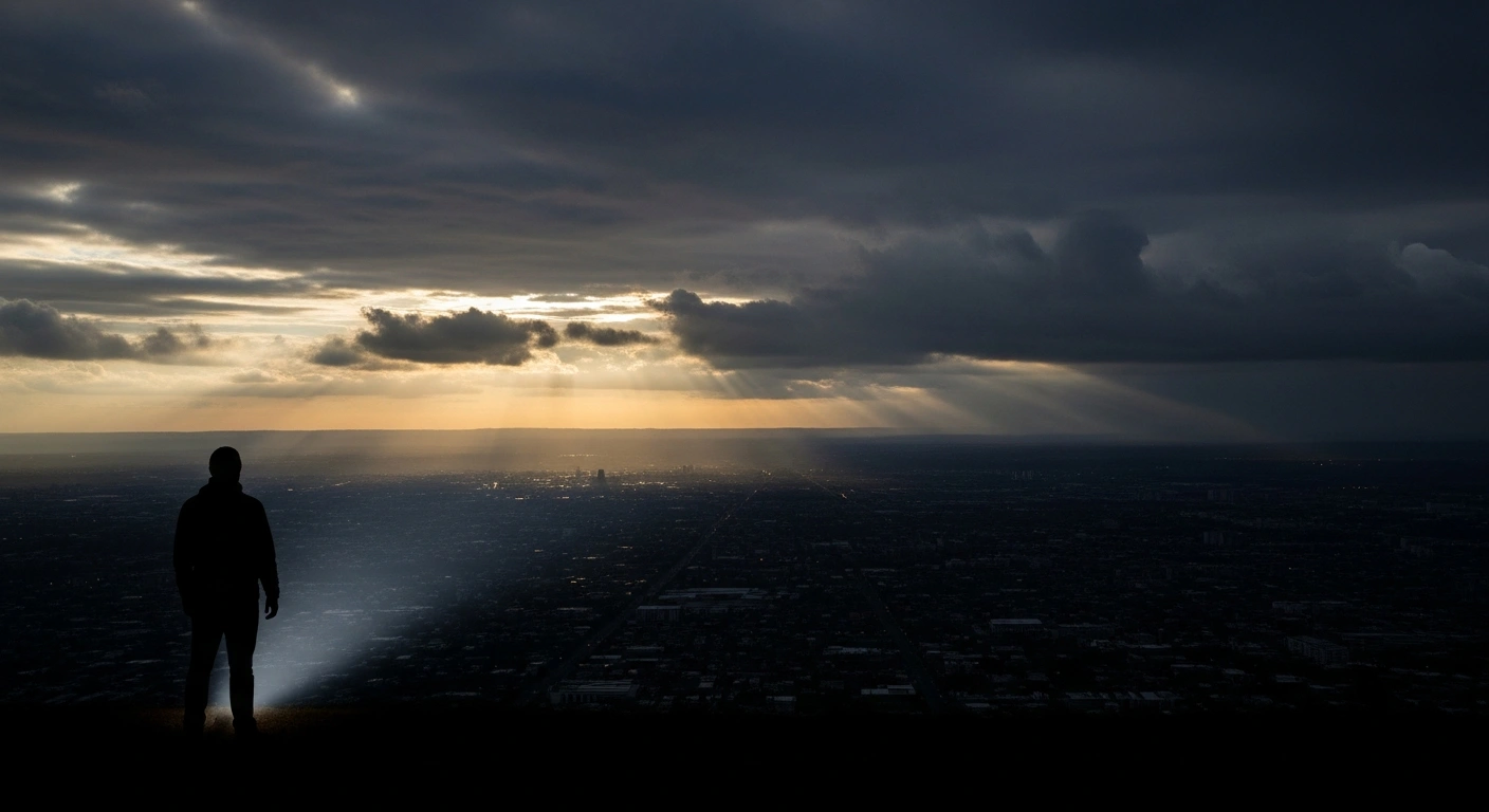 A lone figure stands silhouetted against a vast, dimly lit cityscape under a challenging sky, with subtle lines representing rising inflation and the high cost of living etched into the urban landscape, as the first rays of dawn struggle to break through heavy clouds, symbolizing the complex economic issues acknowledged by President Donald Trump and his administration's efforts.