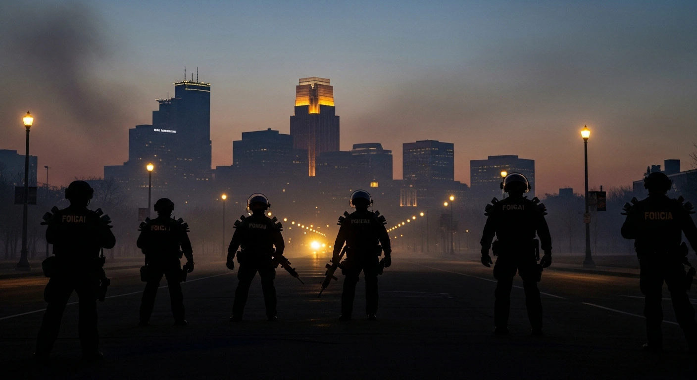 Heavily armored federal agents stand silhouetted against a hazy Minneapolis skyline at dusk, depicting the tension surrounding President Trump's threat to invoke the Insurrection Act amidst protests against federal immigration enforcement and recent ICE shootings.