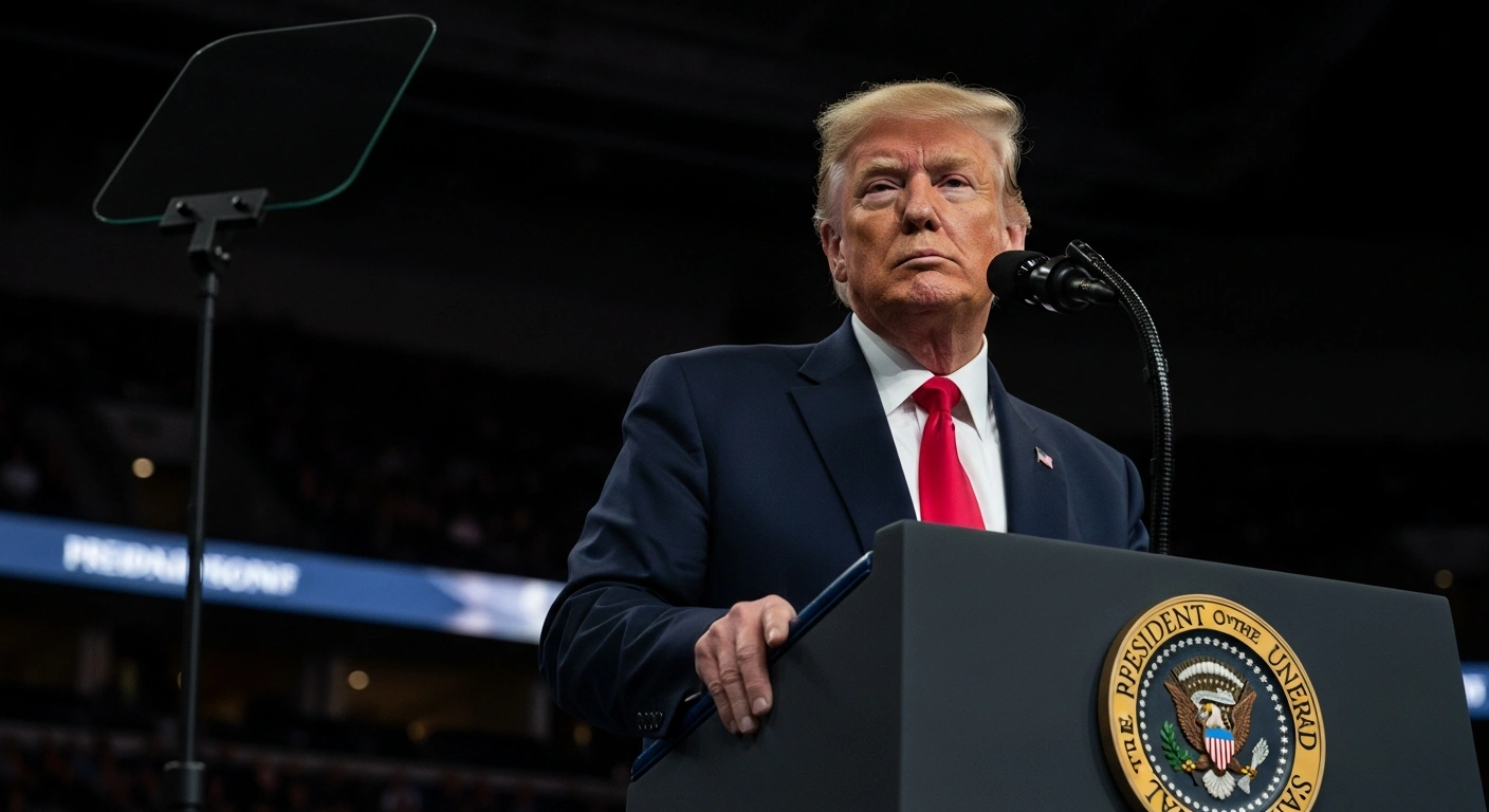 President Donald Trump stands at a podium in Iowa, addressing policy amidst scrutiny following a fatal shooting by federal immigration officers in Minneapolis involving ICU nurse Alex Pretti.
