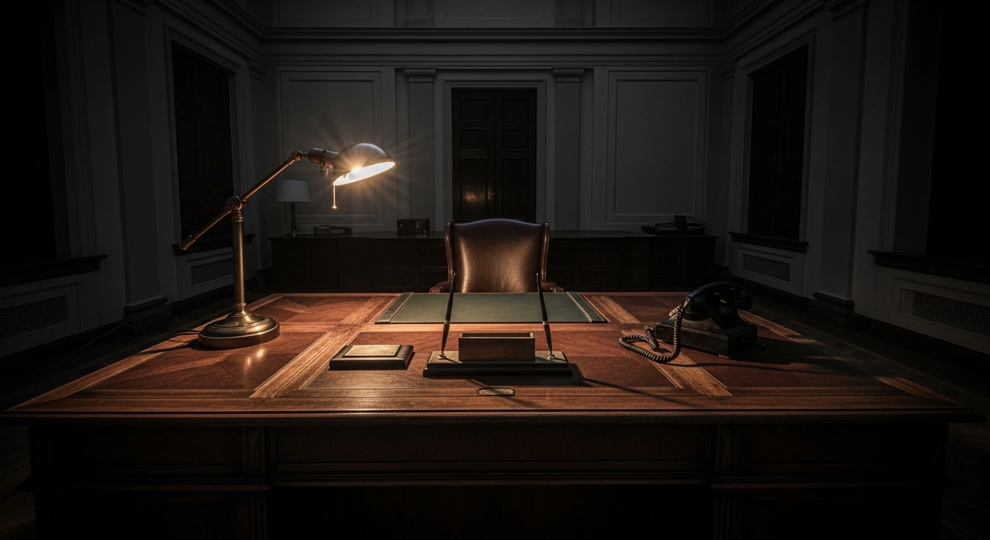 A dimly lit office features an empty desk and a telephone, representing the denied claims of private conversations between Donald Trump and former U.S. presidents regarding Iran.