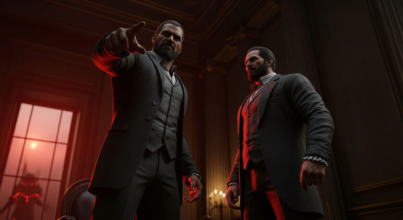 A dramatic, low-angle shot shows two stern-faced leaders in a dimly lit, opulent room, one gesturing decisively as the other listens, with an ominous red glow visible on the distant horizon, symbolizing the stern warning issued to Iran regarding potential US military strikes.