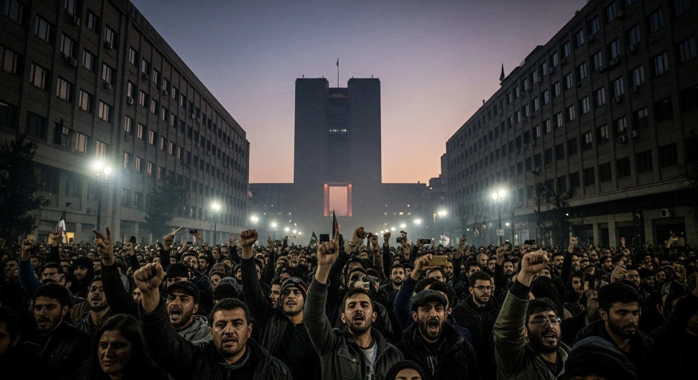 A wide, low-angle shot depicts a large crowd of determined protestors in a dimly lit, smoke-hazed street, with a monolithic government building looming in the background, symbolizing the Iranian authorities' crackdown on widespread demonstrations fueled by economic crisis, following former US President Donald Trump's warning.