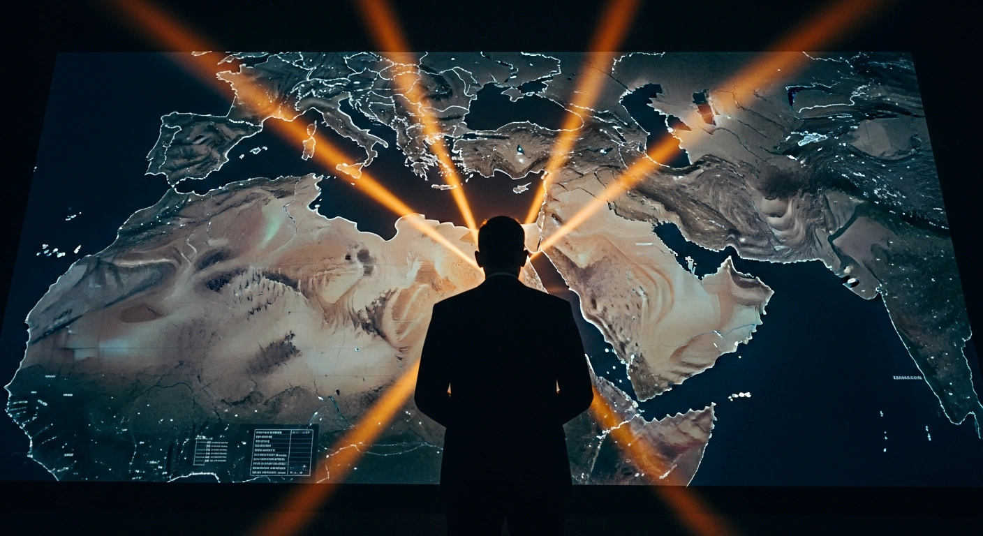 Donald Trump stands before a digital map of the Middle East as the United States approaches the completion of strategic objectives regarding Iran.