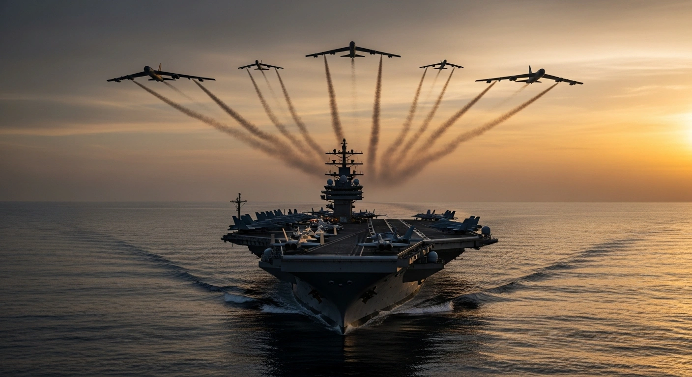 A dramatic wide-angle shot at dusk shows the USS Abraham Lincoln Carrier Strike Group, with an aircraft carrier and fighter jets, sailing through a steel-grey sea, as a squadron of B-52 bombers flies across an orange-streaked sky, symbolizing the escalating tensions in the Middle East after President Donald Trump's warning to Iran about a nuclear deal.